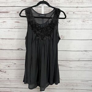 Ultimate Black Sleeveless Tank Top with Floral Detail Blouse Size Large